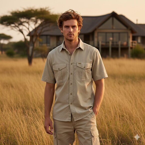 Men's C. C. Filson Vintage Safari Shooter Tan Short Sleeve Shirt Size Large - Picture 1 of 12